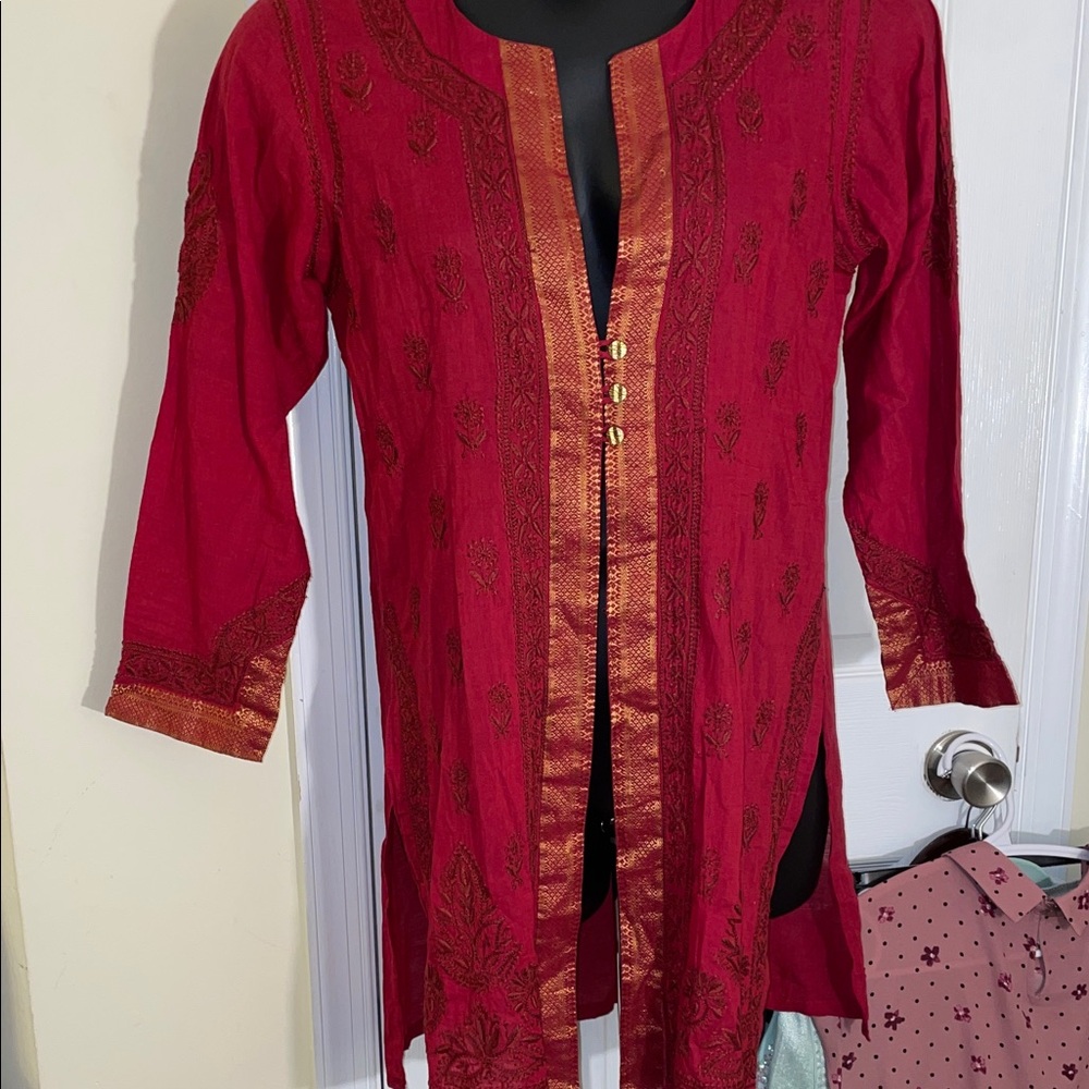Crimson SILK Gold Embroidered Women's Tunic 21”X35”. OS